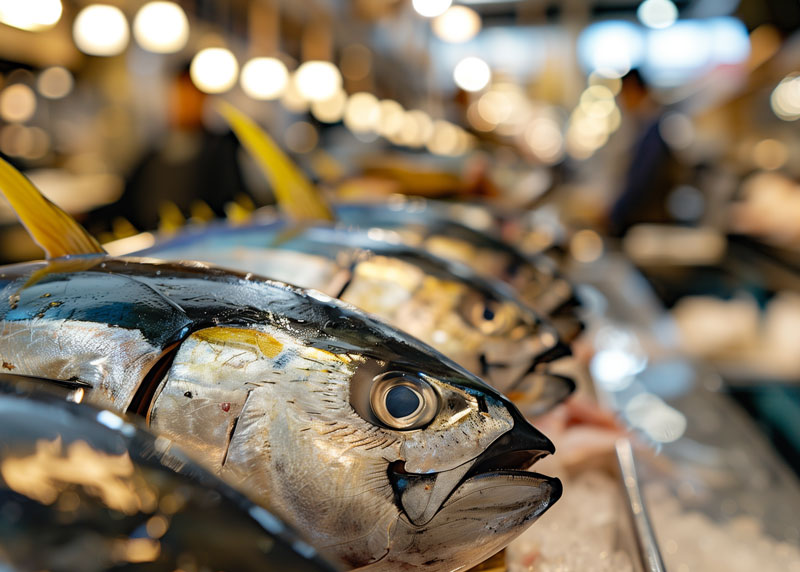 Close up of whole yellowtail tuna fish on display in a fish market